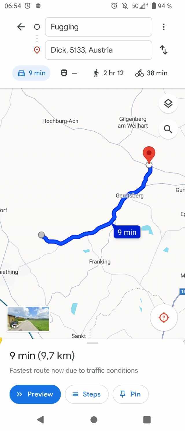 0654 Ờ - orf iething 9 min Fugging Dick 5133 Austria Hochburg-Ach Sankt 9 min (97 km) » Preview 2 hr 12 Franking = Steps 5G1 94 % oo 38 min Gilgenberg am Weilhart Geretsberg Fastest route now due to traffic conditions 9 min Pin