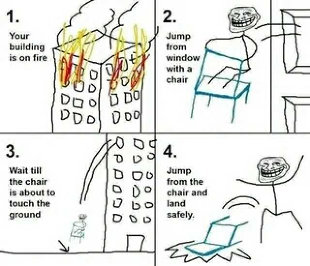 1. 2. Your Jump building is on fire from window with a chair Oo Do 0 ko D 4 DD 3. Wait till DOoJump from the ODochair and bo land ODDsafely the chair is about to touch the ground