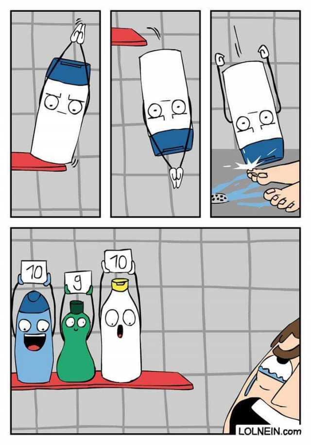 Shampoo bottle jumping in the shower. LOLNEIN.com 