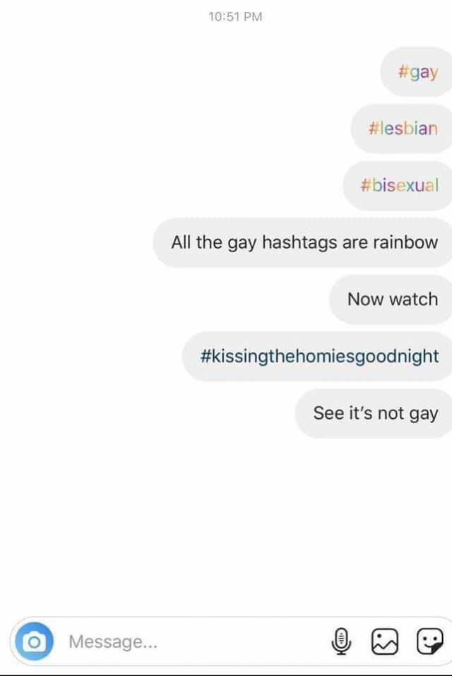 1051 PM #gay #lesbian #bisexual All the gay hashtags are rainbow Now watch #kissingthehomiesgoodnight See its not gay Message... 