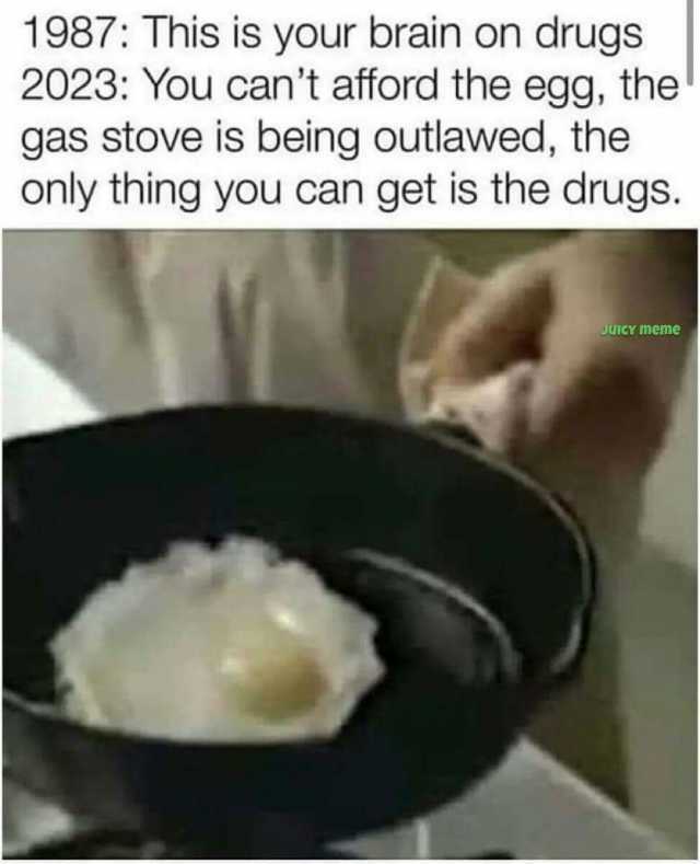 1987 This is your brain on drugs 2023 You cant afford the egg the gas stove is being outlawed the only thing you can get is the drugs. JuICY meme