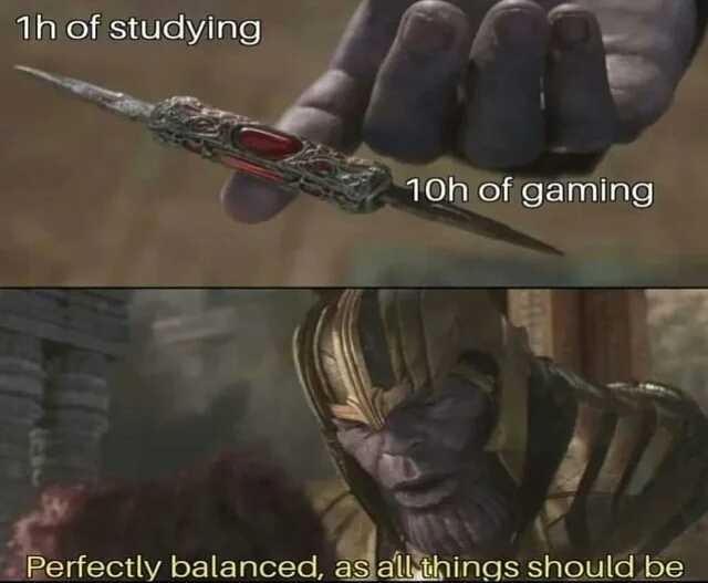 1h of studying 10h of gaming Perfectly balanced as allthings should be