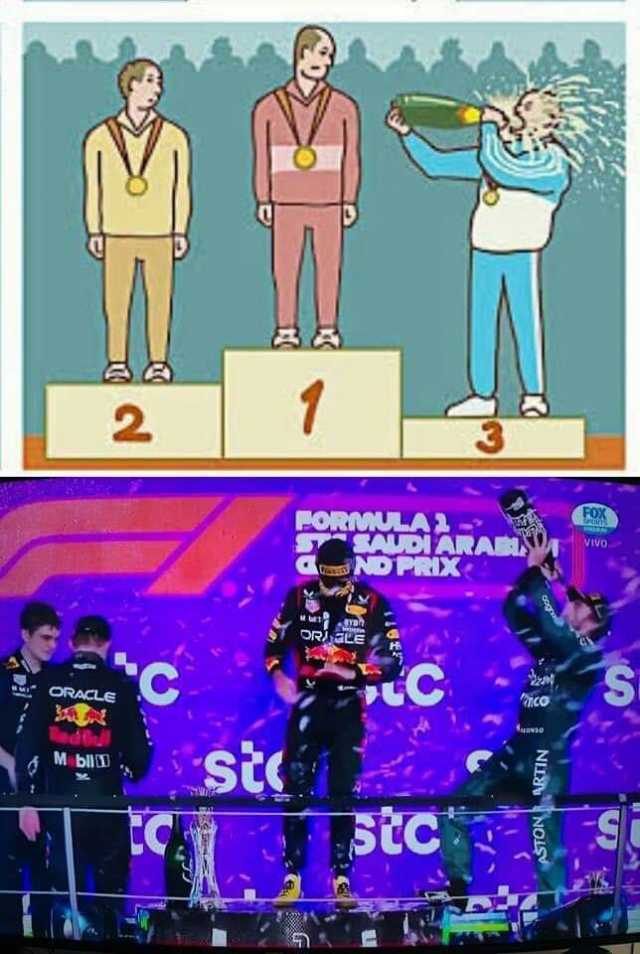 Fernando Alonso lanzándose la champaña como en el meme del podio