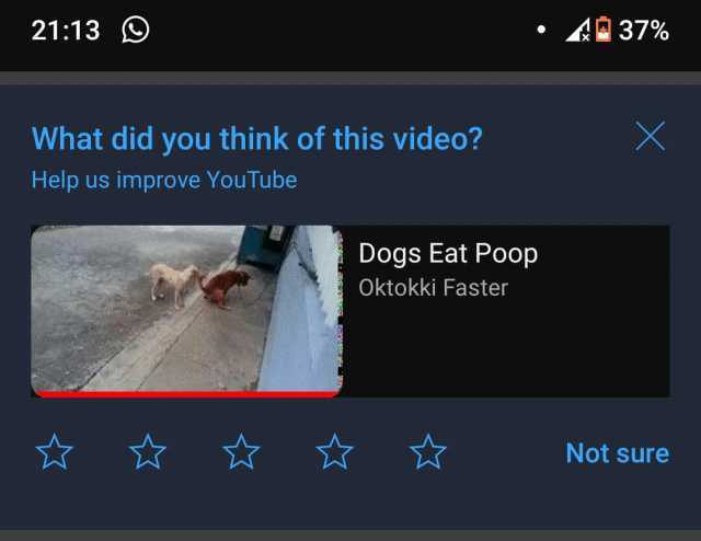 21139 A37% What did you think of this video0 X Help us improve YouTube Dogs Eat Poop Oktokki Faster Not sure