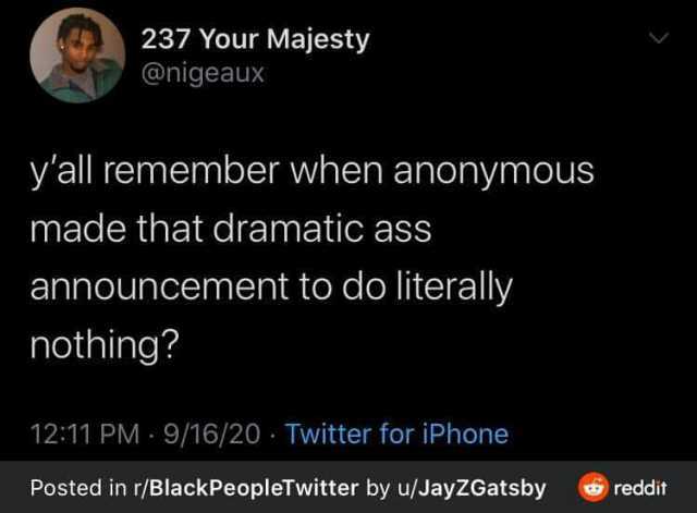 237 Your Majesty @nigeaux yall remember when anonymous made that dramatic ass announcement to do literally nothing 1211 PM9/16/20 Twitter for iPhone Posted in r/BlackPeopleTwitter by u/JayZGatsby reddit