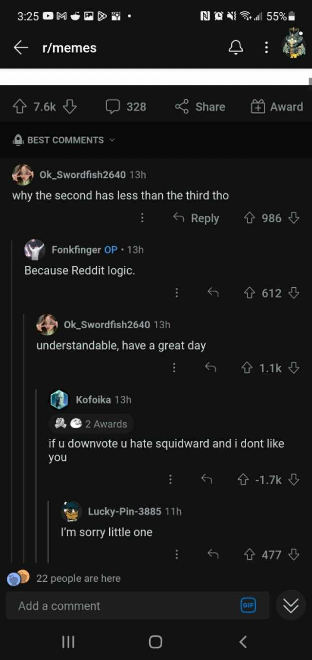325 M D NOI 55% r/memes 7.6k 328 Share Award BEST COMMENTS Ok_Swordfish2640 13h why the second has less than the third tho Reply t986 Fonkfinger OP 13h Because Reddit logic. 612 Ok Swordfish2640 13h understandable have a great day