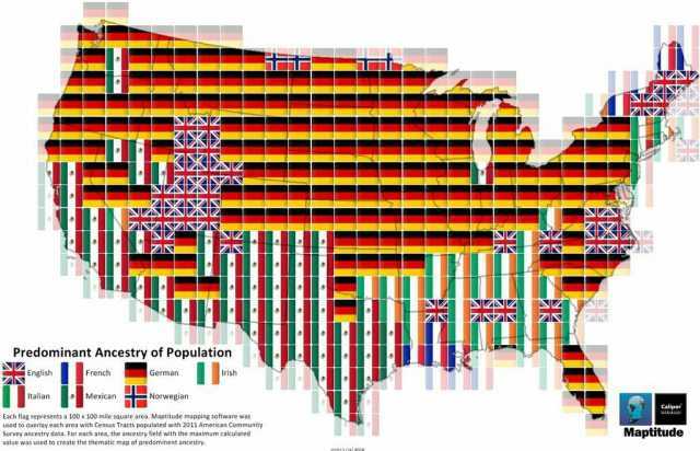 4INNA AN NAAZA NZ ZZNAN ZIN ZINZ ZN Predominant Ancestry of Population aNEish English talan Mexican Weglan French German Irish Each flag represents a 100 x 100 mile square area. Maptitude mapping software was sed to overlay each a