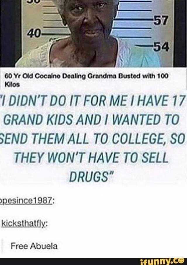 57 40- -54 60 Yr Old Cocaino Dealing Grandma Busted with 100 Kilos I DIDNT DO IT FOR ME I HAVE 17 GRAND KIDS AND I WANTED TO SEND THEM ALL TO COLLEGE SO THEY WONT HAVE TO SELL DRUGS opesince 1987 kicksthatfly Free Abuela ifunny.co