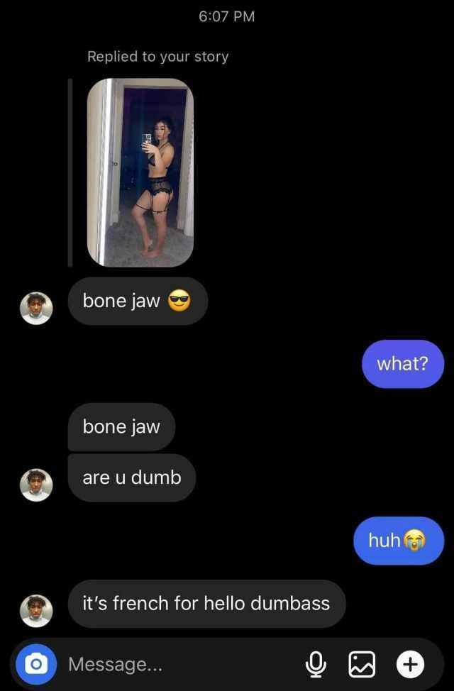 607 PM Replied to your story bone jaw what bone jaW are u dumb huh its french for hello dumbass Message...