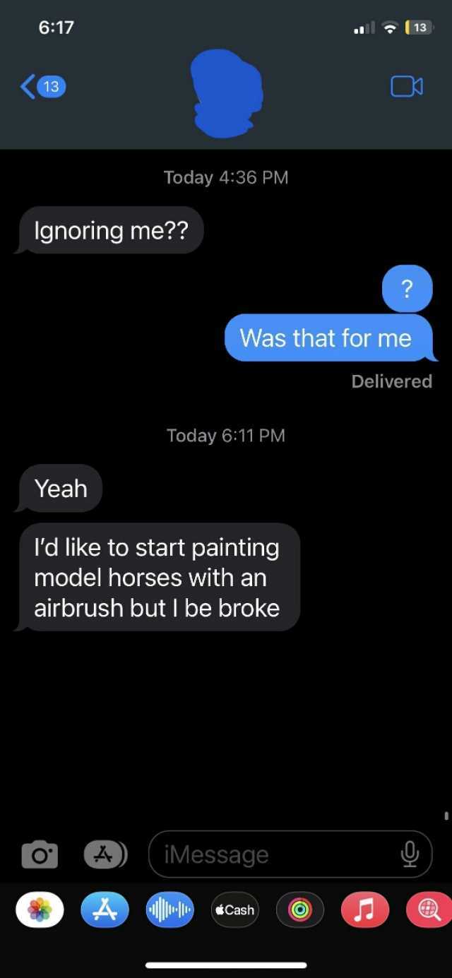 617 13 13 Today 436 PM gnoring me 2 Was that for me Delivered Today 611 PM Yeah d like to start painting model horses with an airbrush but I be broke O iMessage Cash