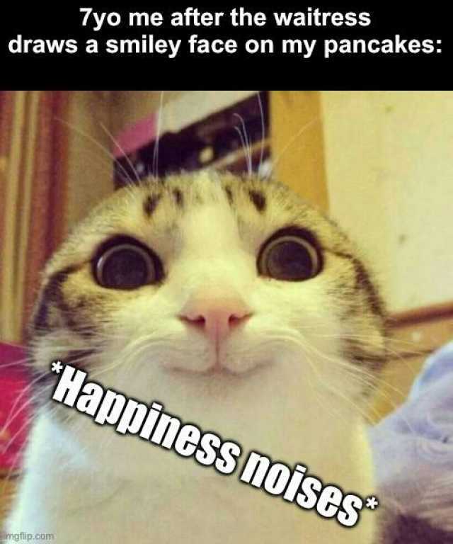 7yo me after the waitress draws a smiley face on my pancakes Happiness noises imgflip.com