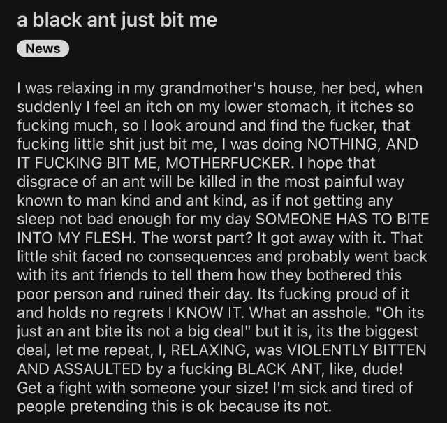 a black ant just bit me News I was relaxing in my grandmothers house her bed when suddenly I feel an itch on my lower stomach it itches so fucking much so I look around and find the fucker that fucking little shit just bit me I wa