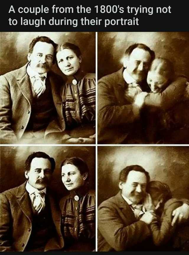 A couple from the 1800s trying not to laugh during their portrait