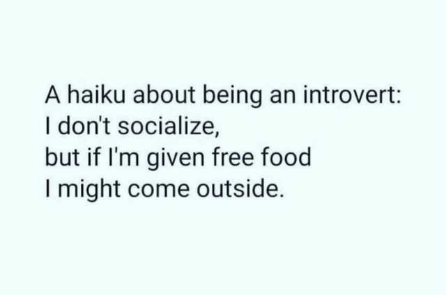 A haiku about being an introvert I dont socialize but if Im given free food I might come outside.