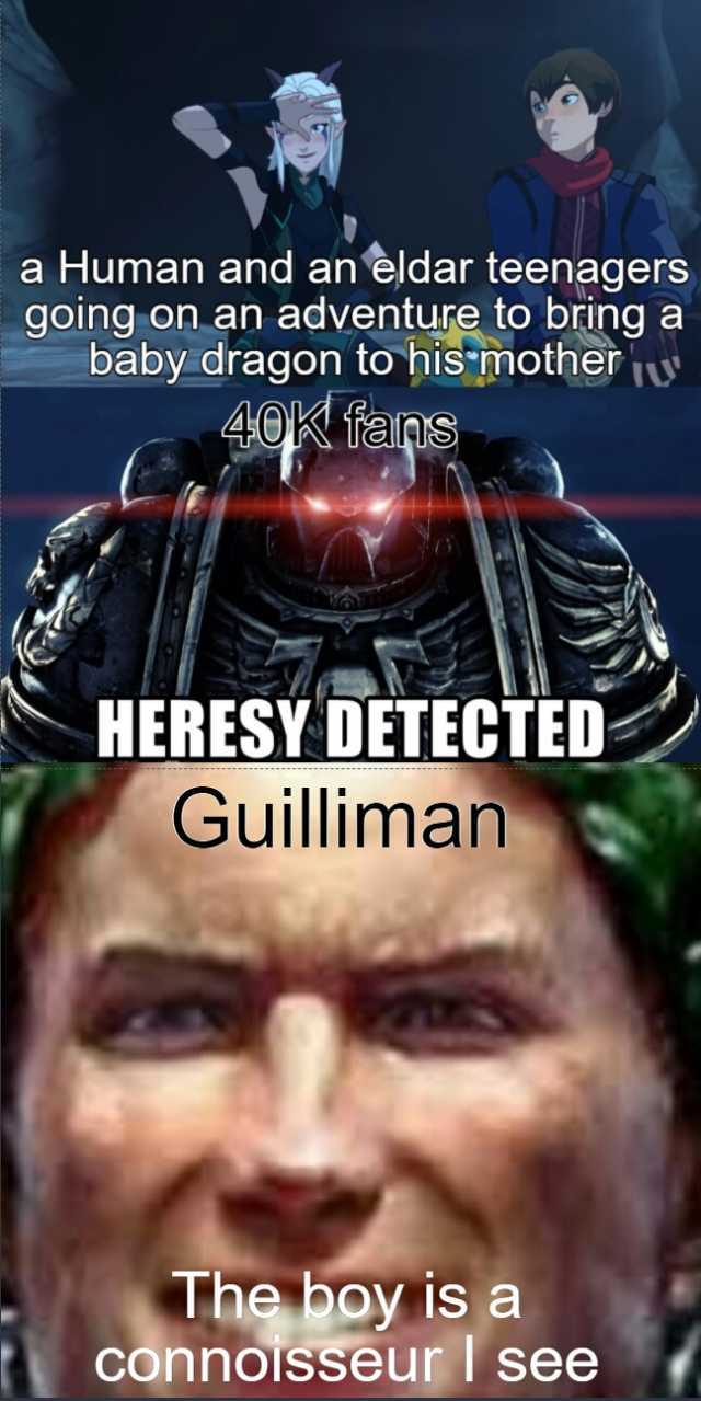a Human and an eldar teenagers going on an adventure to bring a baby dragon to hisimother iu 40K ans HERESY DETECTED Guilliman The boy is a Connoisseur I see