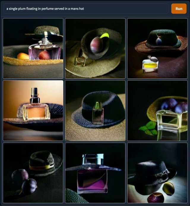 a single plum floating in perfume served in a mans hat Run