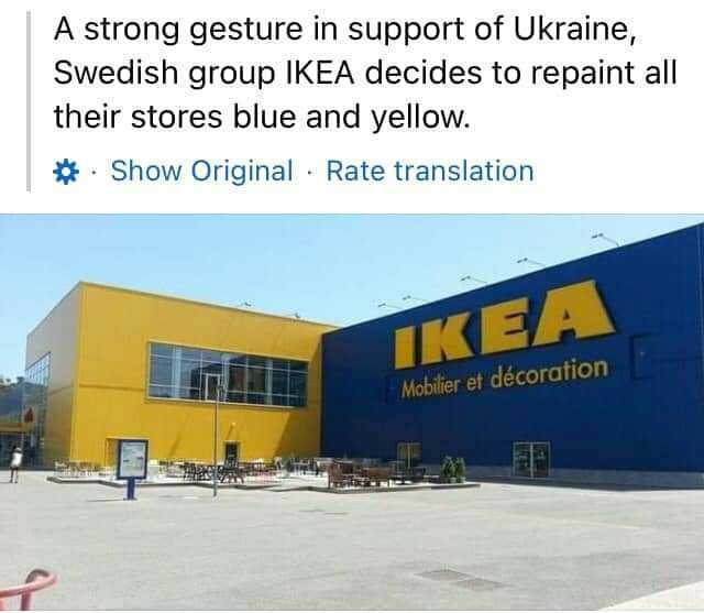 A strong gesture in support of Ukraine Swedish group IKEA decides to repaint all their stores blue and yellow. Show Original Rate translation IKEA Mobilier et décoration