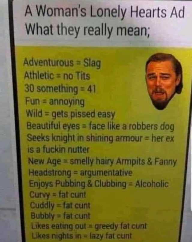 A Womans Lonely Hearts Ad What they really mean; Adventurous = Slag Athletic = no Tits 30 something = 41 Fun = annoying Wild = gets pissed easy Beautiful eyes = face like a robbers dog Seeks knight in shining armour = her is a fuc