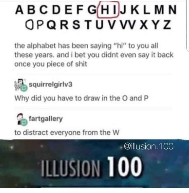 AB C DEF G H IJ KL MN OPQ R S TUVV XYZ the alphabet has been saying hil to you all these years. and i bet you didnt even say it back once you piece of shit squirrelgirlv3 Why did you have to draw in the O and P fartgallery to dist