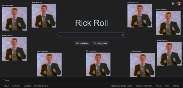 Advertissement Advertissement Advertissement Advertissement Rick Roll Advertissement Advertissement Rick Roll Search Im Feeling Lucky Advertissement Advertissement Advertissement France About Advertising Business How Search works 
