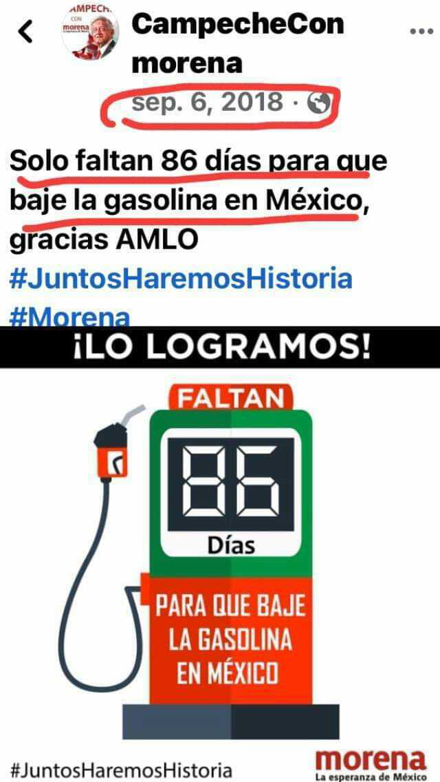 AMPECh. CON morena CampecheCon morena sep. 6 2018 Solo faltan 86 días para aue baje la gasolina en México gracias AMLO #JuntosHaremosHistoria #Morena iLO LOGRAMOS! FALTAN 86 Días PARA QUE BAJE LA GASOLINA EN MEXICO #JuntosHarem