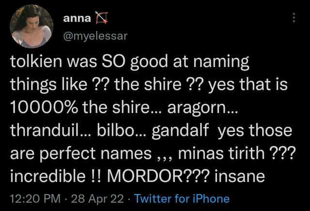anna @myelessar tolkien was SO good at naming things like  the shire  yes that is 10000% the shire... aragorn.. thrandui... bilbo. gandalf yes those are pertect names  minas tirith  incredible !! MORDOR insane 1220 PM · 28 Apr 22