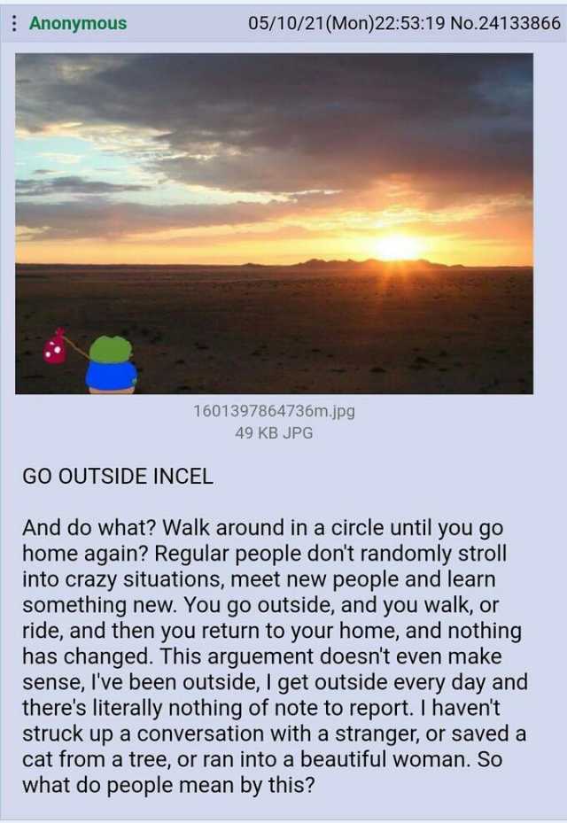 Anonymous 05/10/21(Mon)225319 No.24133866 1601397864736m.jpg 49 KB JPG GO OUTSIDE INCEL And do what Walk around in a circle until you go home again Regular people dont randomly stroll into crazy situations meet new people and lear