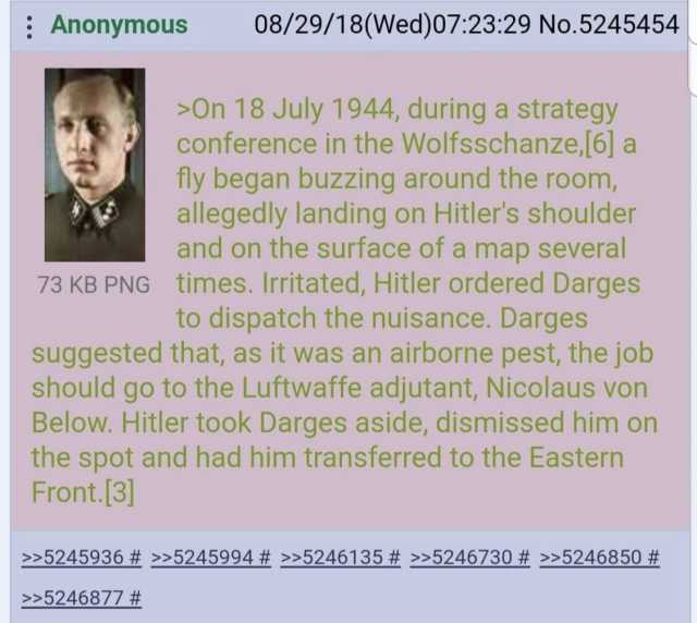 Anonymous 08/29/18(Wed)072329 No.5245454 On 18 July 1944 during a strategy conference in the Wolfsschanze 6] a fly began buzzing around the room allegedly landing on Hitlers shoulder and on the surface of a map several 73 KB PNG t