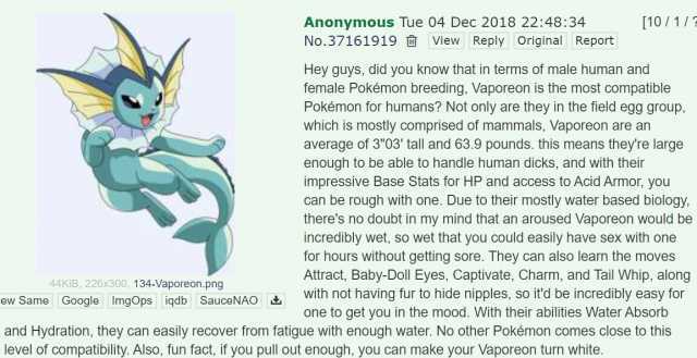 Anonymous Tue 04 Dec 2018 224834 No.37161919 O View Reply Original Report 44KiB 226x300 134-Vaporeon.png ew Same Google ImgOpsiqdb SauceNAOt [10 /1/ Hey guys did you know that in terms of male human and female Pokémon breeding Va
