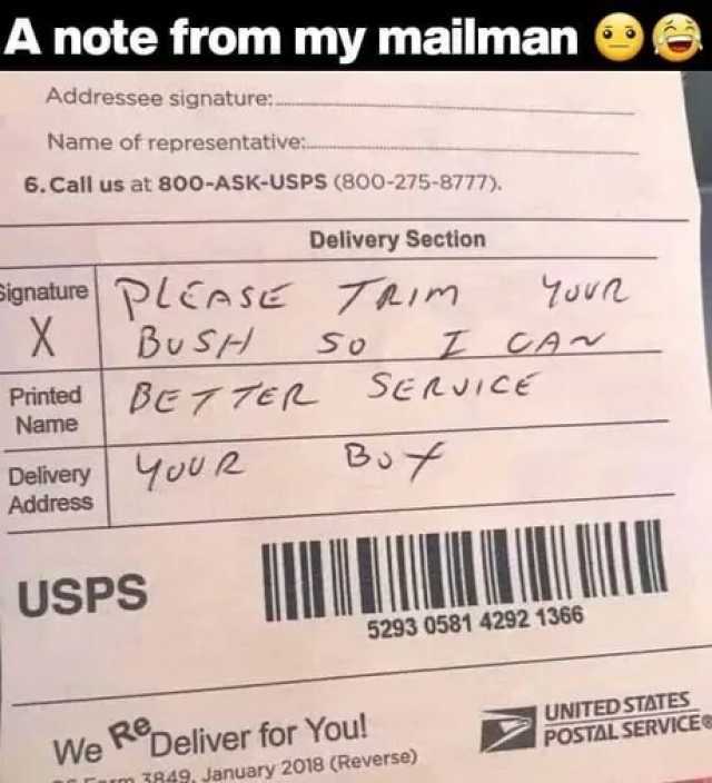 Anote from my mailman Addressee signature Name of representative 6.Call us at 800-ASK-USPS (800-275-8777). Delivery Section Signature PlcasE 7LIm X Bu SH Be 7 TE Z_CAv So SE RVICE Printed Name Delivery YoU2 B Address USPS 5293 058