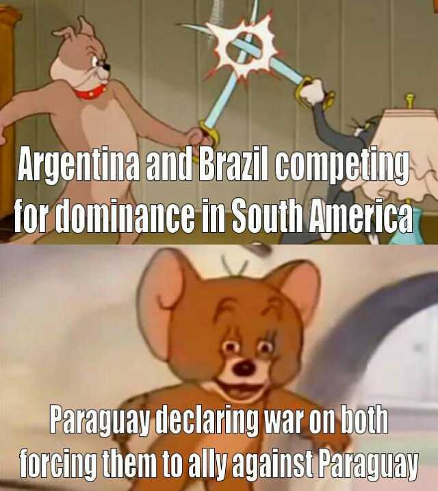 Argentina and Brazil compeinga for dominance in South América Paraguay declaring war on both 1orcing them to ally against Paiaguay