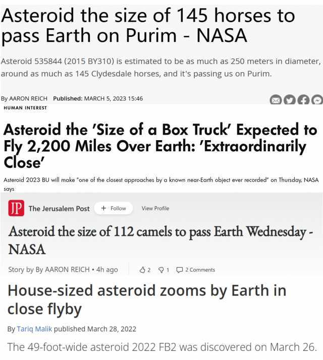 Asteroid the size of 145 horses to pass Earth on Purim - NASA Asteroid 535844 (2015 BY310) is estimated to be as much as 250 meters in diameter around as much as 145 Clydesdale horses and its passing us on Purim. By AARON REICH Pu