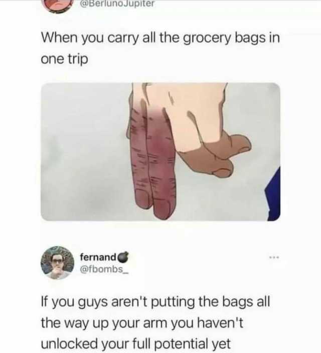 @BerlunoJupiter When you carry all the grocery bags in one trip fernand @fbombs If you guys arent putting the bags all the way up your arm you havent unlocked your full potential yet