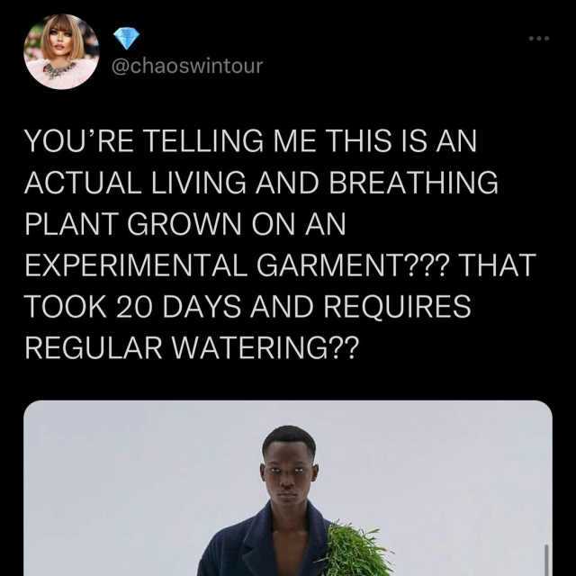@chaoswintour YOURE TELLING ME THIS IS AN ACTUAL LIVING AND BREATHING PLANT GROWN ON AN EXPERIMENTAL GARMENT THAT TOOK 20 DAYS AND REQUIRES REGULAR WATERING