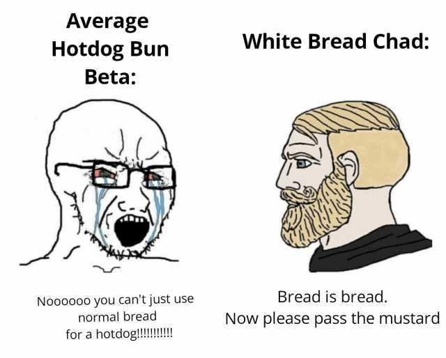 Average Hotdog Bun Beta Nooo00o you cant just use normal bread for a hotdog!!! White Bread Chad Bread is bread. Now please pass the mustard