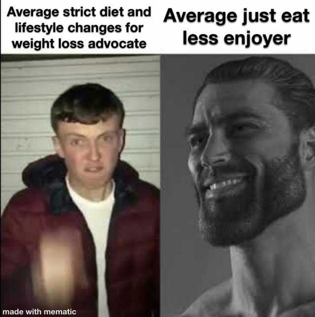 Average strict diet and lifestyle changes for weight loss advocate made with mematic Average just eat less enjoyer V