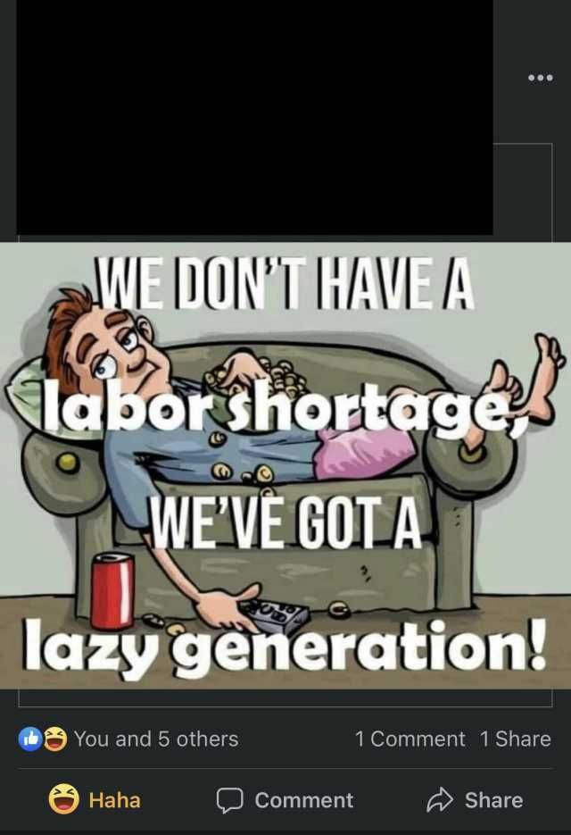 aWE DONTIHAVEA laborhor gge WEVE GOTLA lazy generation! You and 5 others 1 Comment 1 Share Haha Comment Share