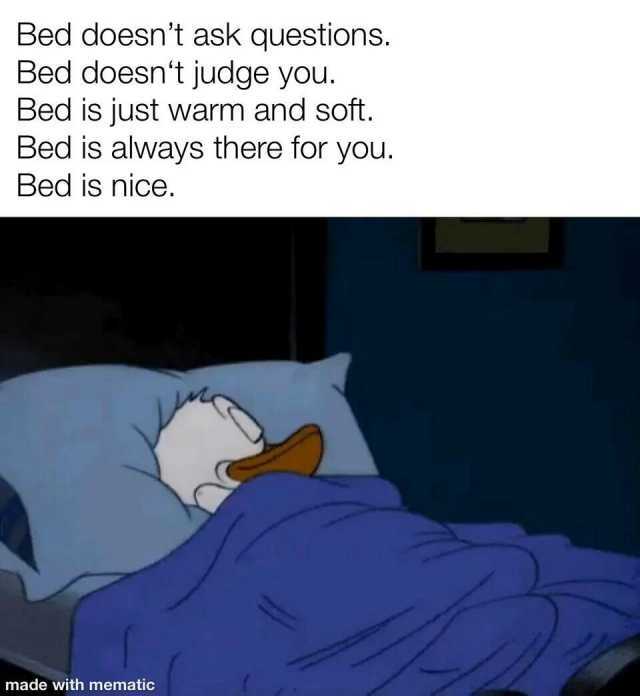 Bed doesnt ask questions. Bed doesnt judge you. Bed is just warm and soft. Bed is always there for you. Bed is nice. made with mematic