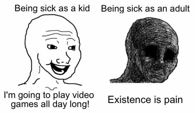 Being sick as a kid Being sick as an adult J Im going to play video games all day long! Existence is pain