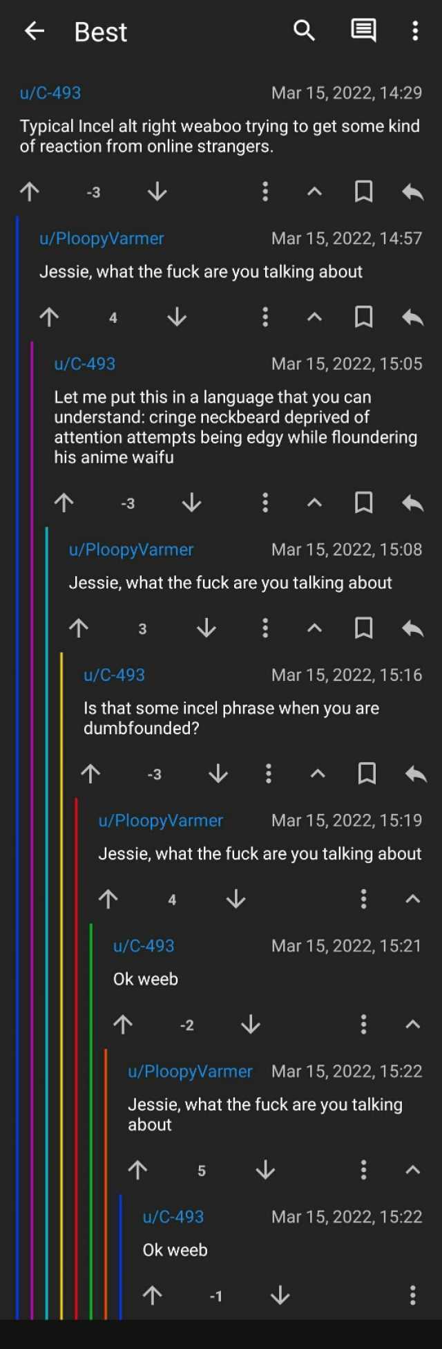 Best u/C-493 Mar 15 2022 1429 Typical Incel alt right weaboo trying to get some kind of reaction from online strangers. -3 u/PloopyVarmer Mar 15 2022 1457 Jessie what the fuck are you talking about T 4 u/C-493 Mar 15 2022 1505 Let