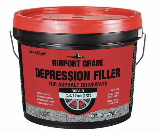 BlackK ight. AIRPORT GRADE. DEPRESSION FILLER FOR ASPHALT DRIVEWAYS Instantly repairs depressions cracks and erpansion joints in asphalt surtaces REPAIR ip 12 mm (1/2) Fast drying Binds to any firm surfaCe Leaves a clean black fin