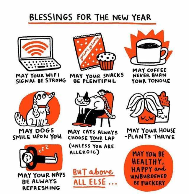 BLESSINGS FOR THE NEW YEAR MAY YouR WIFI SIGNAL BE STRONG 2u2 MAY D0GS SMILE UPON YOu zZ MAY YouR NAPS BE ALWAYS REFRESHING MAY Youg SNACKS BE PLENTIFUL MAY CATS ALWAYS CHOoSE YouR LAP (MNLESS You ARE ALLERGtc) BuT MAY COFFEE NEVE