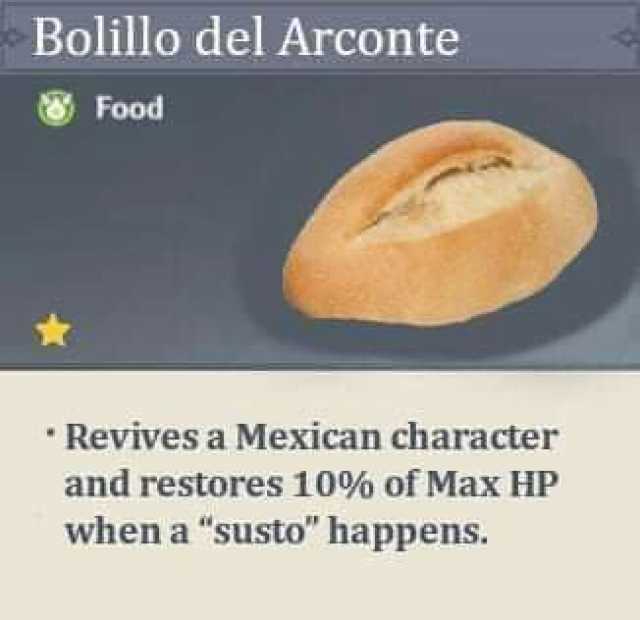 Bolillo del Arconte Food Revivesa Mexican character and restores 10% of Max HP when a susto happens.