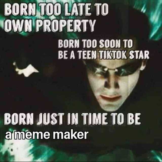 BORM TOOLATE TO OWN PROPERTY BORN TOO SO00N TO BEA TEEN TIKTOK STAR BORN JUST IN TIME TO BE ameme maker