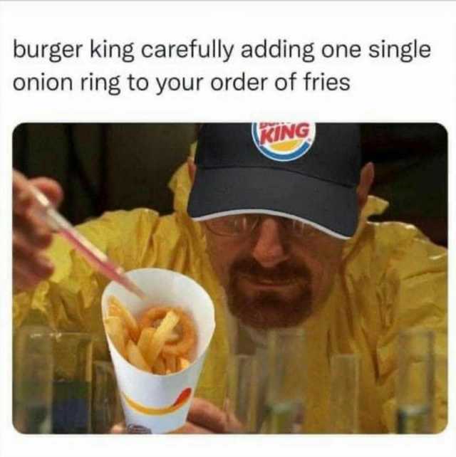 burger king carefully adding one single onion ring to your order of fries ING