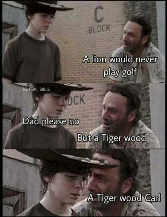 C BLOCK A lion would never Play golf 1G PUN BIBLE DCK Dad please no But a Tiger wood ATiger wood Carl