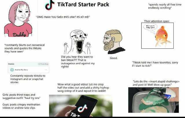 C TikTard Starter Pack dy ee tiine OMG Have YoU SeEn tHiS oNe ItS sO mE! heir atCNTon sps DadNy1 constantly blurts out nonsenical sOunds and quotes the tilktolks they have seen Did you hear they want to ban tilktolc ! nat Outrgs a