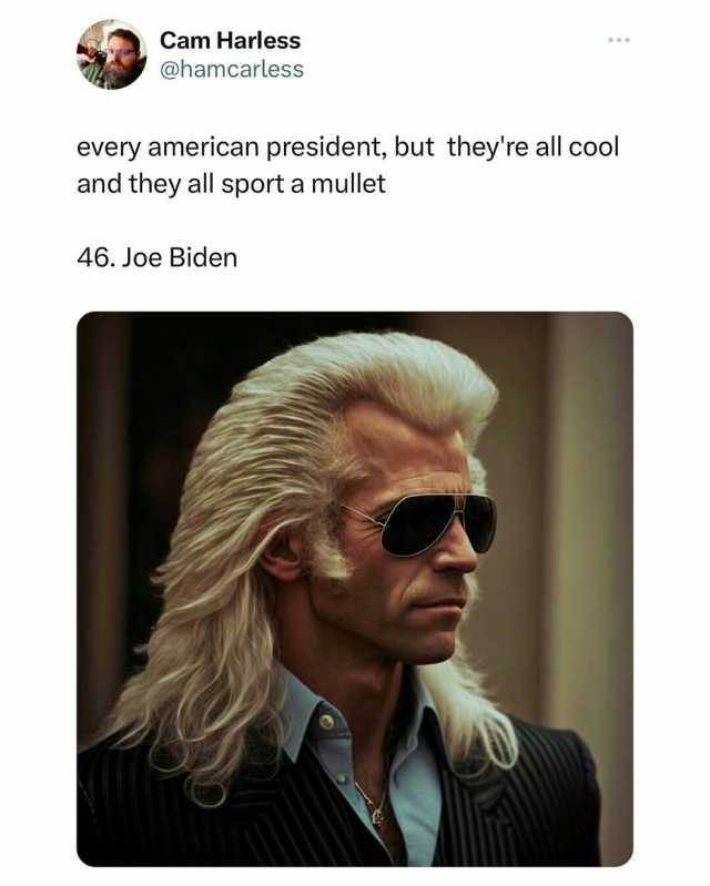 Cam Harless @hamcarless every american president but theyre all cool and they all sport a mullet 46. Joe Biden