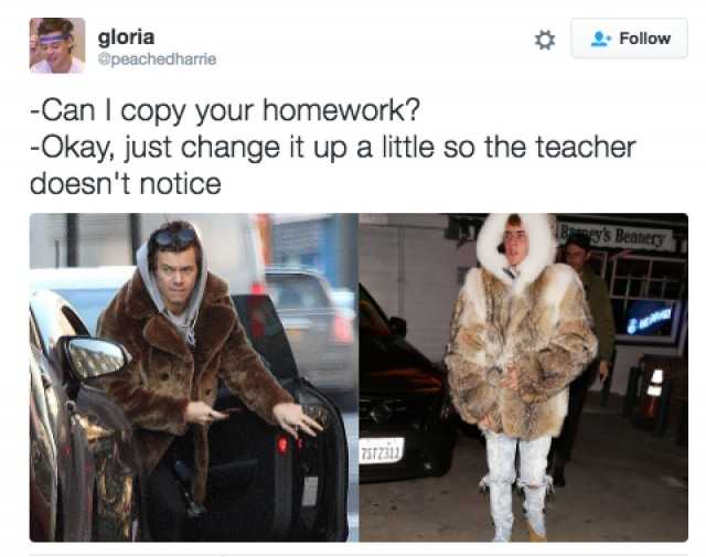Can I copy your homework? Sure just make sure our coats don't look the same