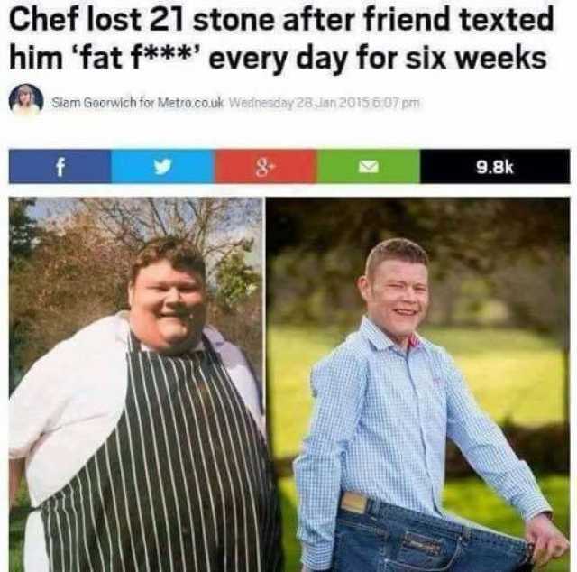 Chef lost 21 stone after friend texted him fat f*** every day for six weeks Slam Goorwich for Metro co.uk Wednesday 28 Jan 2015 607 pm 8- 9.8k 